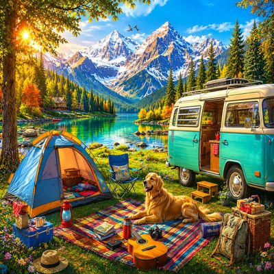 70 Piece Puzzles for Adults - Lake & Mountain Camping Dog Wooden Jigsaw Puzzle for Adults Beginners, Unwind from Daily Life, for Family Bonding Activities