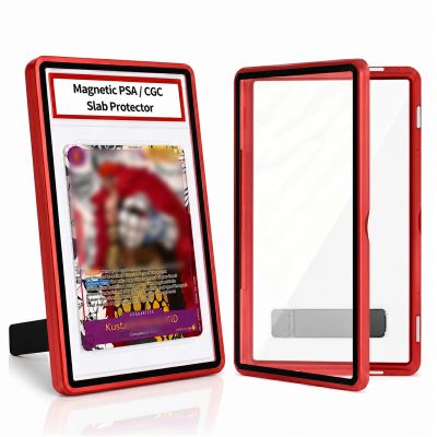 Matlir Magnetic PSA/CGC Slab Protector with Foldable Kickstand - UV Protection Tempered Glass & Aluminum Metal Bumper for 35PT PSA CGC CSG AGS, 9-Point Secure Lock Display Guard & Clear View (Red)