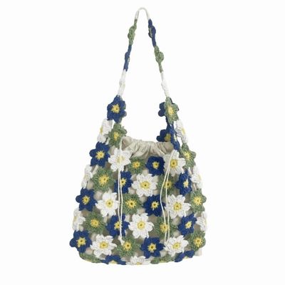 Floral Tote Large Capacity Daisy Motif Handbag Vibrant Multi-Color Hand-Knitted Hobo Bag Cotton Yarn Shoulder Bag Picnic Aesthetic Gear(Green)