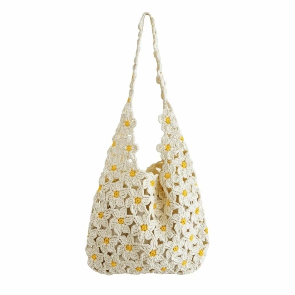 Floral Tote Large Capacity Daisy Motif Handbag Vibrant Multi-Color Hand-Knitted Hobo Bag Cotton Yarn Shoulder Bag Picnic Aesthetic Gear(White)