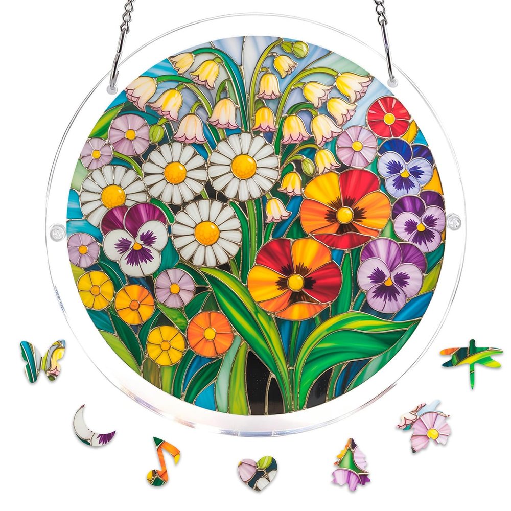 Jollitot Acrylic Puzzle for Adults, Flower Stained Glass Acrylic Jigsaw Puzzle Suncatcher Window Hanging, DIY Sun Catcher Puzzle with Unique Irregular Pieces, Home Decor Gift for Women Mom M
