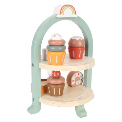 GLOGLOW Wooden Tea Set Toy 2-Tier Cake Stand with Assorted Desserts for Kids Social Interaction Hand Eye Coordination Creativity
