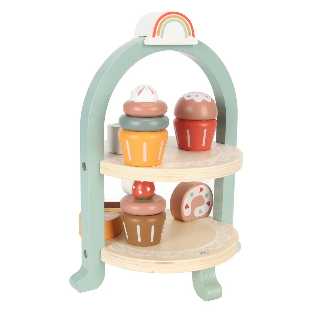 GLOGLOW Wooden Tea Set Toy 2-Tier Cake Stand with Assorted Desserts for Kids Social Interaction Hand Eye Coordination Creativity