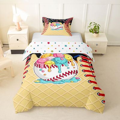 Erosebridal Ice Cream Baseball Toddler Comforter Cover Black Grey Ice Cream Drip Bedding Set Baseball Sports Theme Duvet Cover for Kids Boys Girls,Red Ball Texture Bed Set