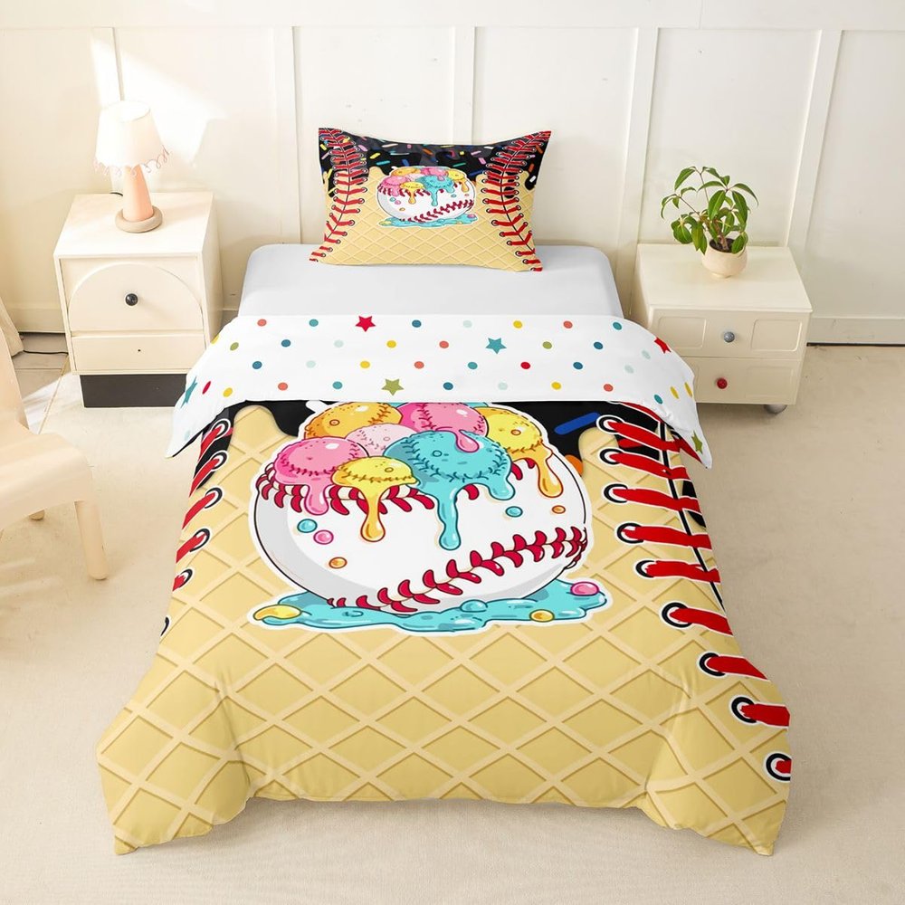 Erosebridal Ice Cream Baseball Toddler Comforter Cover Black Grey Ice Cream Drip Bedding Set Baseball Sports Theme Duvet Cover for Kids Boys Girls,Red Ball Texture Bed Set