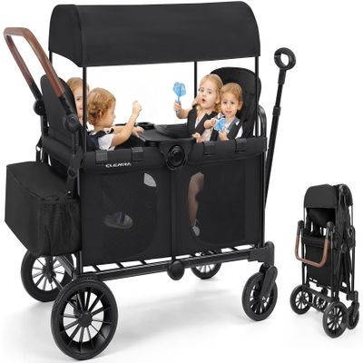 ELEMARA 4 Seater Wagon Stroller, Premium Stroller Wagon for 4 Kids, Foldable All-Terrain Wagon for Kids with Canopy, Adjustable Push/Pull Handles,Convertible High Seat&Organizer, Black