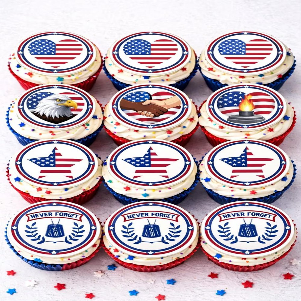SugarMeLicious Patriotic Edible Cupcake Toppers, USA Flag Edible Images, 4th Of July Cupcake Decorations, Memorial Day Military Theme Cake Decor, 12 Count 2.5 Inch Frosting Circles
