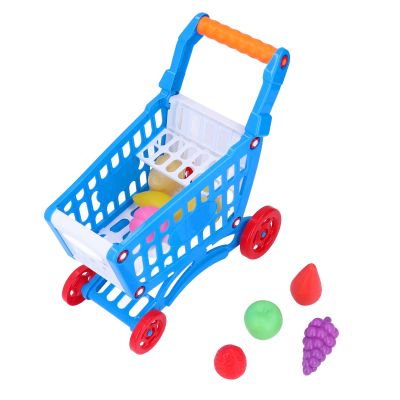 Hilitand Kids Shopping Cart Set Toddler Shopping Cart Toy with Plastic Fruits Vegetables Basket for Early Childhood Education Learning Development (Blue)