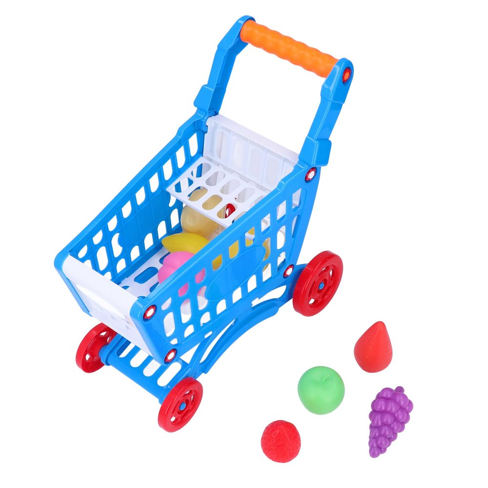 Hilitand Kids Shopping Cart Set Toddler Shopping Cart Toy with Plastic Fruits Vegetables Basket for Early Childhood Education Learning Development (Blue)