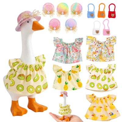 Desk Goose Outfits 7 Inches, 15-Piece Summer Desktop Goose Clothes Set with Hats Bags and Dresses, Mix and Match Floral Porch Goose Decor for Seasonal Desktop Decoration and Gift Giving
