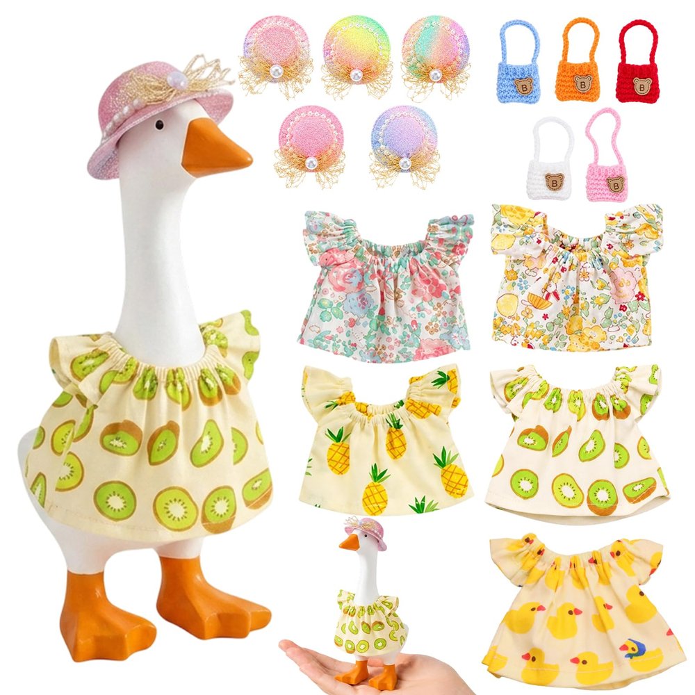 Desk Goose Outfits 7 Inches, 15-Piece Summer Desktop Goose Clothes Set with Hats Bags and Dresses, Mix and Match Floral Porch Goose Decor for Seasonal Desktop Decoration and Gift Giving