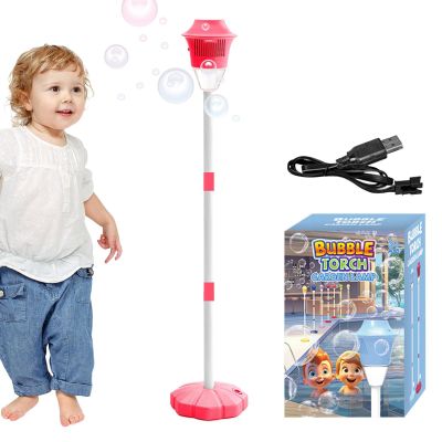 Bubble Machine Maker Stand, Automatic Rechargeable Standing Bubble Maker, Child-Friendly Rechargeable Bubbles Machine Torch with Night Light and Music, Outdoor Toy Machines Garden Lamp for Kids