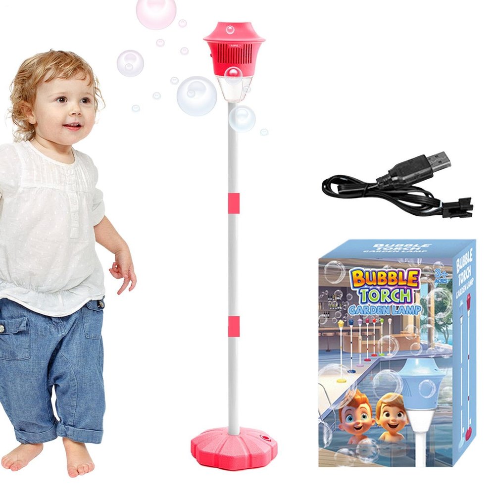 Bubble Machine Maker Stand, Automatic Rechargeable Standing Bubble Maker, Child-Friendly Rechargeable Bubbles Machine Torch with Night Light and Music, Outdoor Toy Machines Garden Lamp for Kids