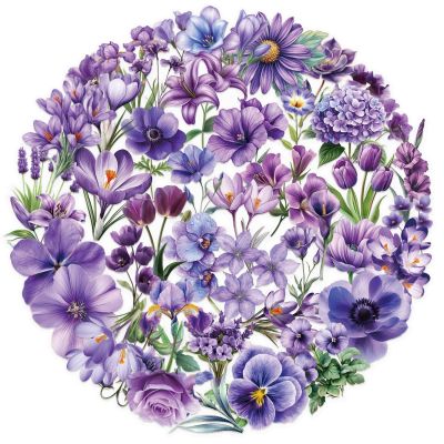 50Pcs Flora Flower Stickers for Scrapbooking,Self-Adhesive Transparent Flower Stickers Scrapbook Supplies Journaling Supplies for Card Making Letters DIY Water Bottle Cards Decoration(Purple)