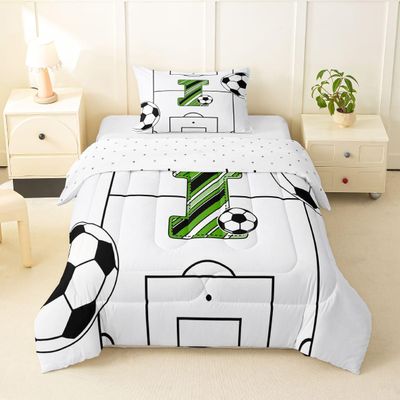Erosebridal Soccer Bedding Toddler,Personalized Initial I Comforter Set White and Black Ball Game Bed Sets Football Court Duvet Insert 2 Pieces