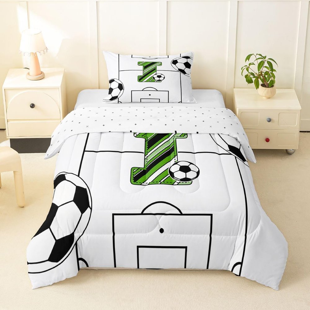 Erosebridal Soccer Bedding Toddler,Personalized Initial I Comforter Set White and Black Ball Game Bed Sets Football Court Duvet Insert 2 Pieces