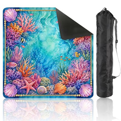 Mahjong Mat with Bag, 31.5 x 31.5 Inch Non Slip Colorful Coral Reef Seaweed Shell Accents Vibrant Watercolor Style , Gaming Pad for Mahjong, Poker, Dominoes, Card and Board Tile Games