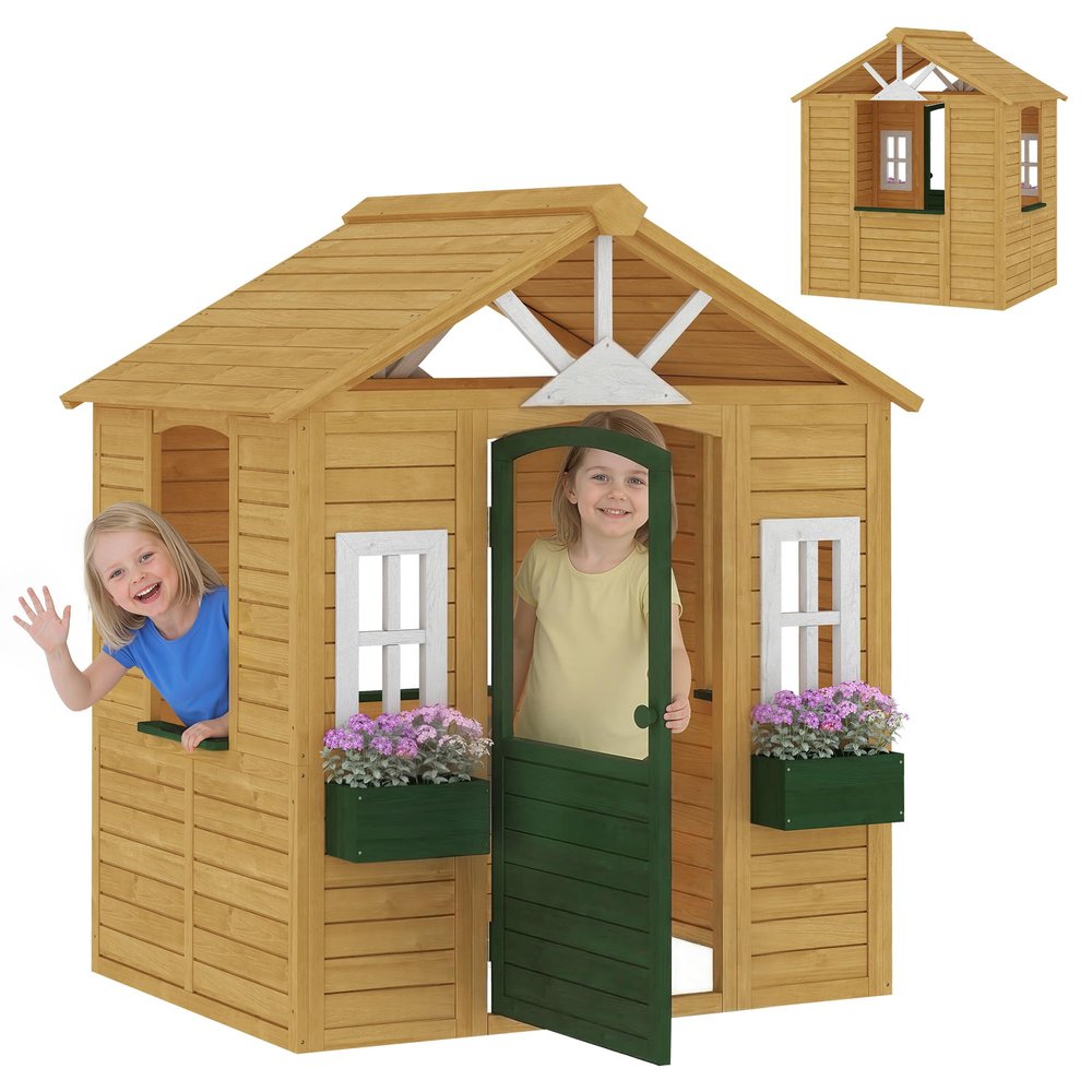Qaba Outdoor Playhouse Wooden Kids Playhouse Functional Door Ages 38 Brown