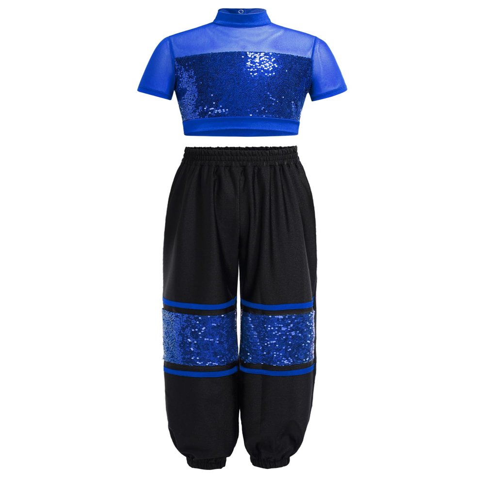 iiniim Girls Hip Hop Dance Outfit Streetwear for Stage Performance Sequins Carnival Party Clothes Set Blue 6