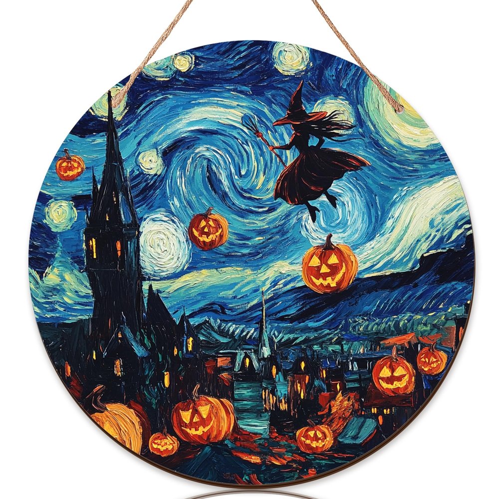 Witch Welcome Sign for Front Door, Halloween Fanciful pumpkin moon Halloween orange Wood Welcome to Our Home Front Door Sign Decorations for Apartment Set of 1