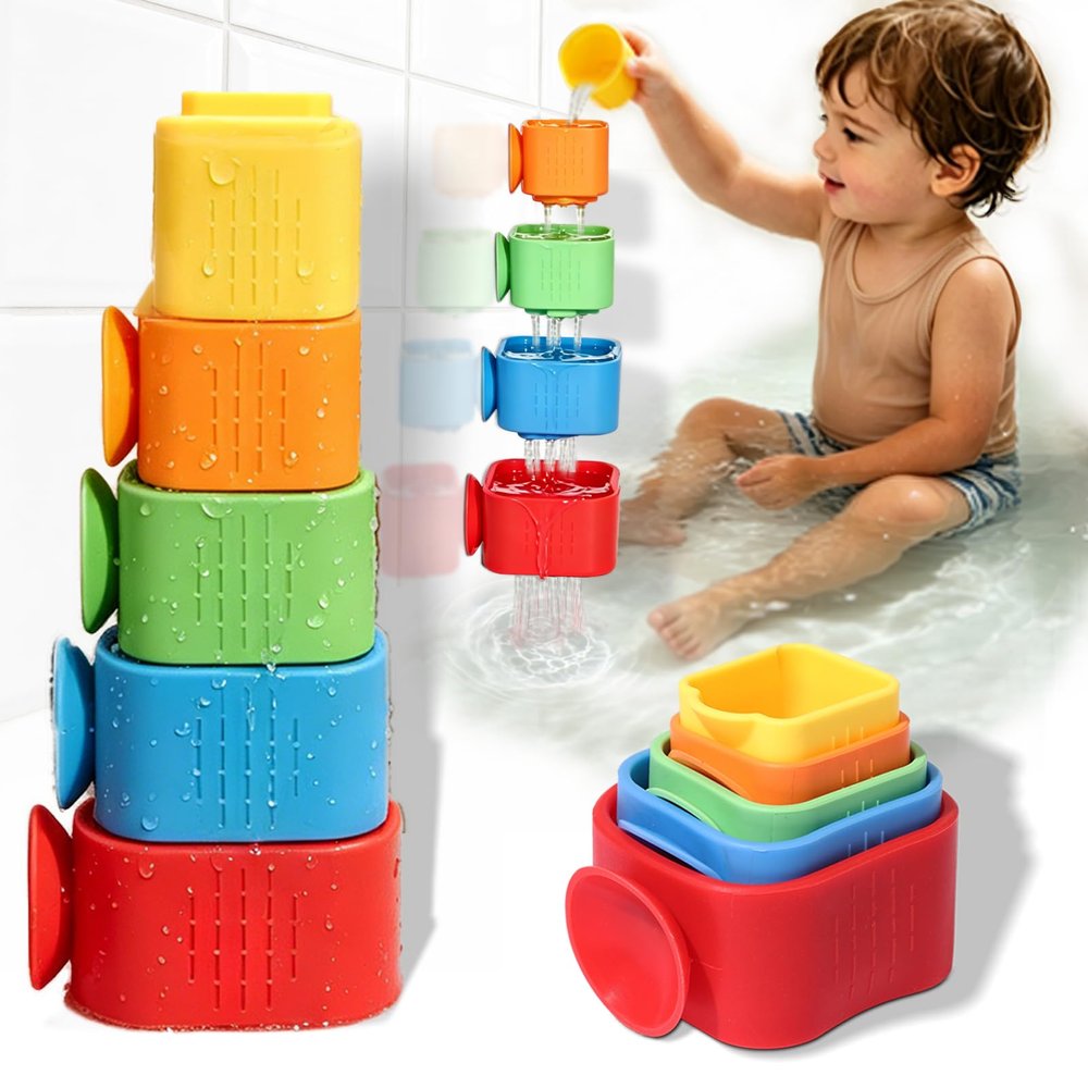 Suction Cup Bath Toys for Toddlers: 5PCS Waterfall Stacking Cups Bathtub Toys for Babies & Infants, Essential Bathtime Silicone Water Toys, Sensory Stocking Stuffers for Boys & Girls 1 2 3 4 Years