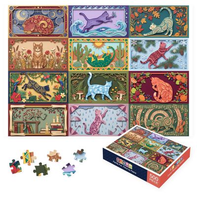 Whimsical Cat Gallery 500 Piece Jigsaw Puzzle for Adults, Paper Cut Collage of Seasonal Feline Panels with Flowers, Books, Music, Moon, Forest and Fruit, 20.5 x 15 in Art Puzzle for Pet Lovers