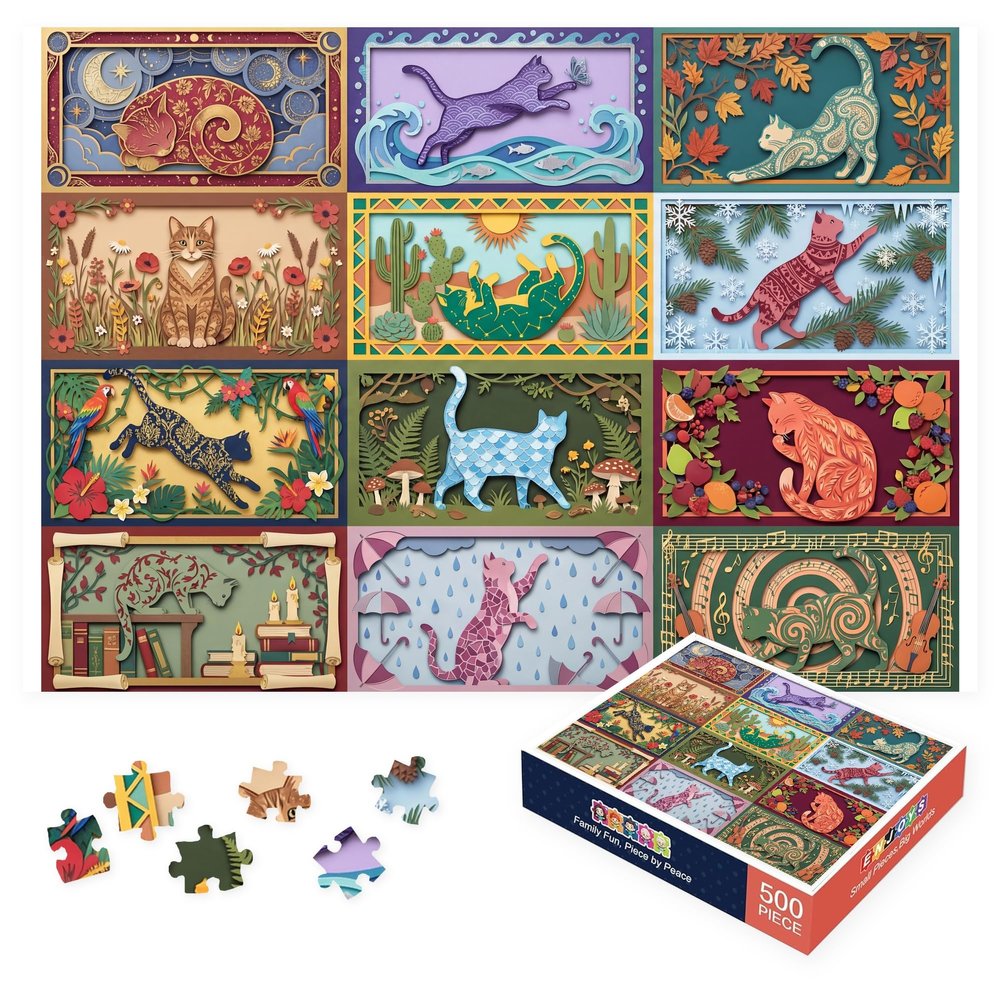 Whimsical Cat Gallery 500 Piece Jigsaw Puzzle for Adults, Paper Cut Collage of Seasonal Feline Panels with Flowers, Books, Music, Moon, Forest and Fruit, 20.5 x 15 in Art Puzzle for Pet Lovers