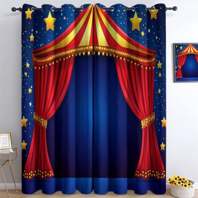 Blue Kids Curtains for Bedroom Nursery Cartoon Red Tent Star 100% Room Darkening Blackout Thermal Insulated Drapes for Boys Girls Room, Darkening Energy Saving Grommet Curtains, 52" W x 108" L