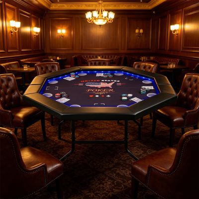 Texas Holdem Table For 8 Players, Octagon Folding Poker Table With Built-in Led Lights, Padded Rails And Cup Holders, Casino Leisure Blackjack Table For Home Game Room And Party Navy Blue 48inch