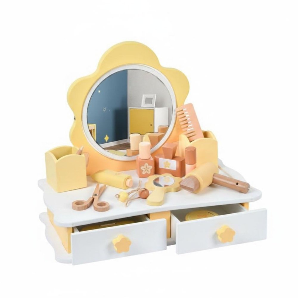 predolo Flower Vanity Table Educational Kids Dressing Table Wooden Toy Makeup Vanity for Nursery