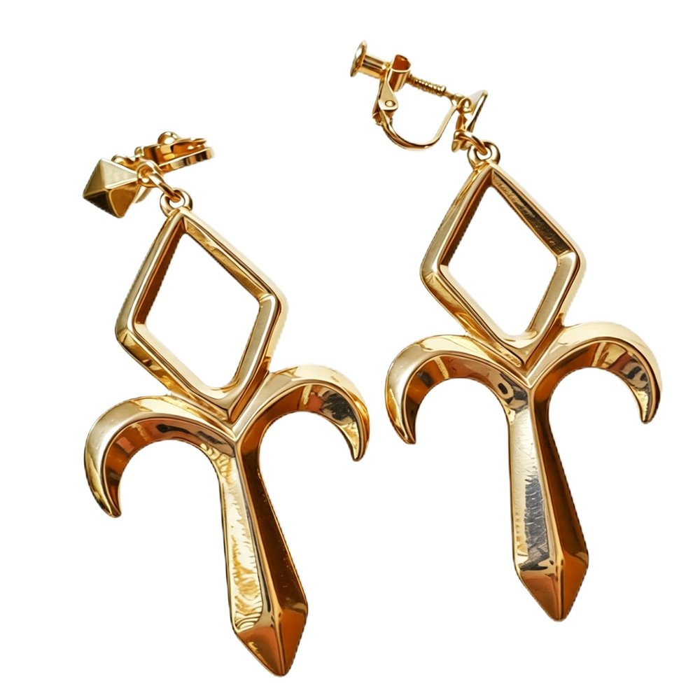 Game Cosplay Gold-Tone Zinc Alloy Dangle Drop Earrings Statement Symbol Design with Diamond Shape and Curved Accents