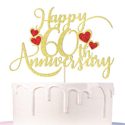 Auteby Happy 60th Anniversary Cake Topper Gold Glitter
