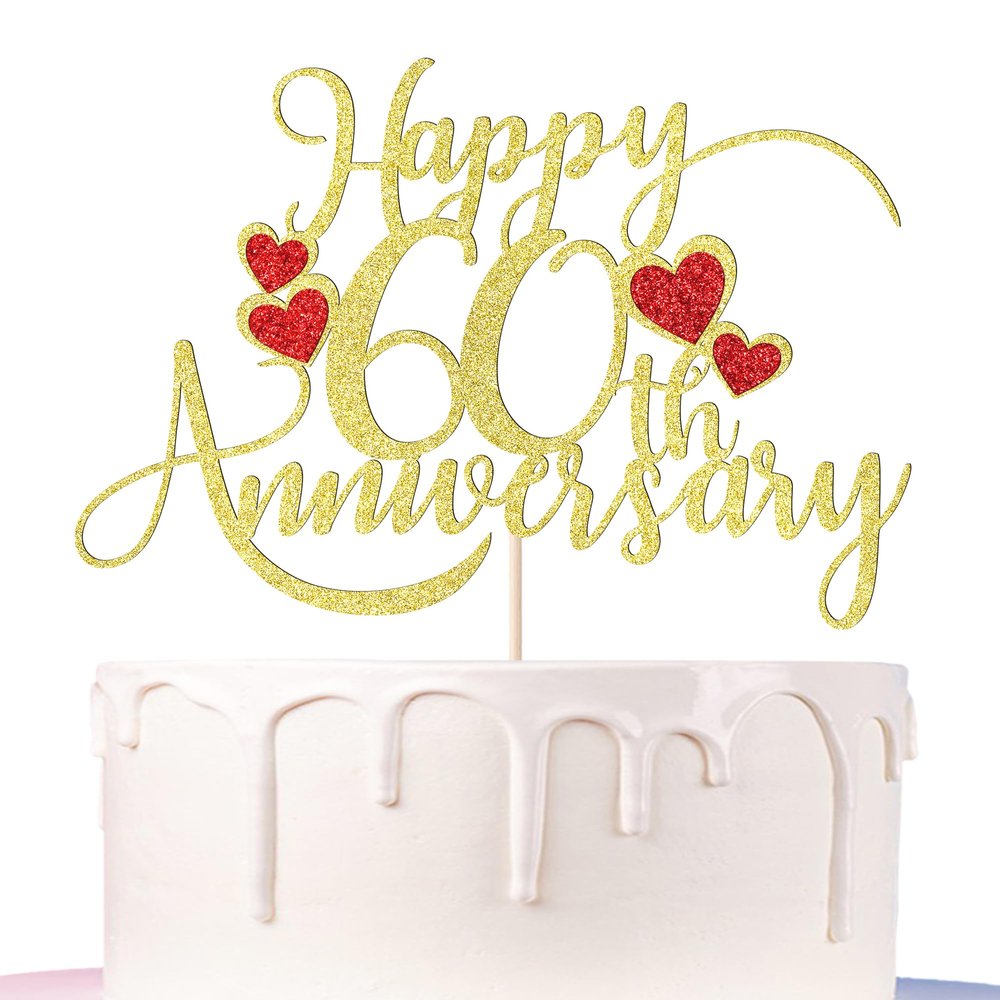 Auteby Happy 60th Anniversary Cake Topper Gold Glitter