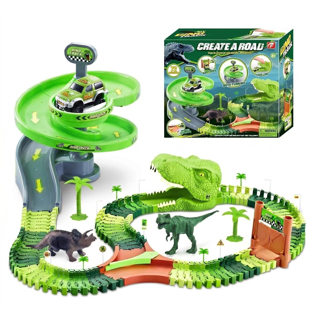 Dinosaur Race Track Toys for Boys 3-5, Spiral Car Track Set with Dinosaur Adventure Scene, Flexible Race Track Playset for Boys Age 4-7 Birthday Gifts