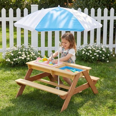 OFLILAK 3-in-1 Kids Sand & Water Table, Cedar Wood Picnic Table with 43" Removable Umbrella, Convertible Activity Table for Ages 3-8, Safe for Backyard Patio Outdoor Play