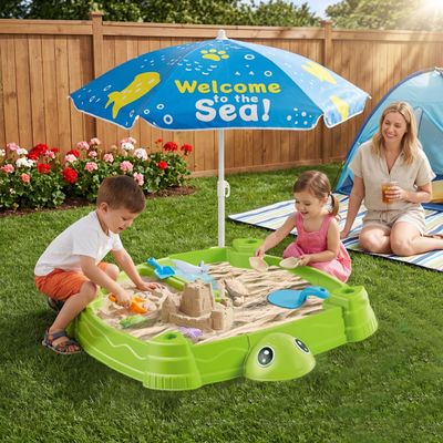 Water Table with Umbrella, Turtle Shape Water and Sand Table, Outdoor Play Sand Box with Lid for Toddlers, for Toddlers 1-3