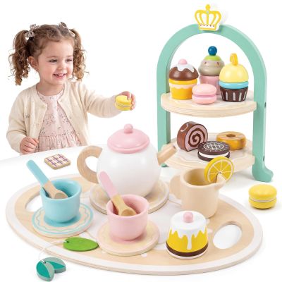 Wooden Play Dessert Toy Pretend Cooking Set with Rack Learning Girls Dessert Cutlery Model Toy
