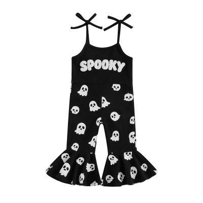 FYBITBO Halloween Baby Girl Clothes Toddler Halloween Outfit Spooky Onesie Romper Suspender Bell Bottoms Overalls Pants (ghost print, 18-24 Months)