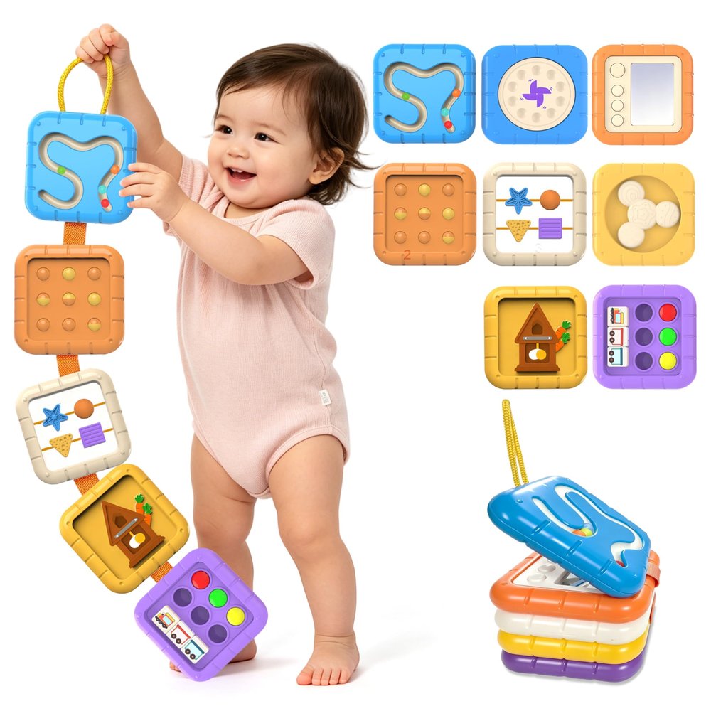 DQMOON Busy Board for 1 Year Old,8-in-1 Travel Toys for Toddler 1-3 on Airplane Car,Montessori Toys Busy Board Busy Cube, Sensory Educational Development Toys,Birthday Gifts for Boy&Girl Baby