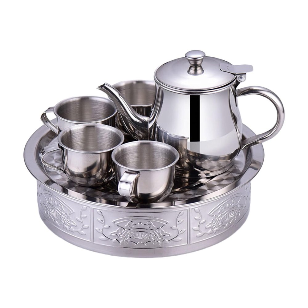 Stainless Steel Tea Set Drinking Toy with Tea Cups and Holder Perfect for Creative Pretend Play Stainless Steel Teaset Toy