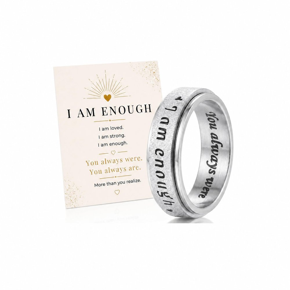 EZSONA Fidget Toys Adults Spinner Ring Anxiety Ring for Women Inspirational Stainless Steel Stress Relief Fidget Rings, Motivational I Am Enough Jewelry with Card, Silver Szie 7