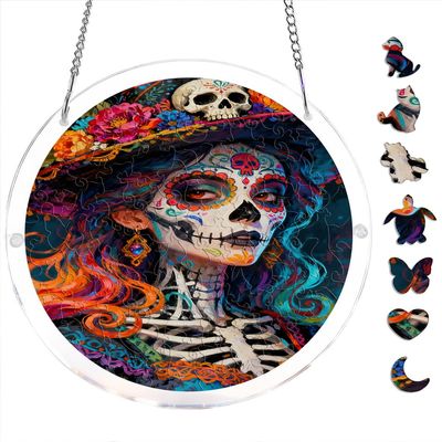 7.48 Inch 83 Pcs Gothic Skull Lady Halloween Acrylic Puzzle Suncatcher, Mysterious Holiday Craft, Fade Resistant Window Scene Decor