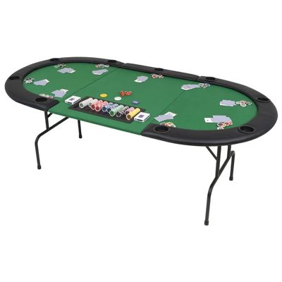 Folding Poker Table 9 Player Oval Green with 9 Cup Holders and Dealer Tray, MDF Tabletop with Polyester Upholstery and Padded Artificial Leather Rim, Easy Assembly