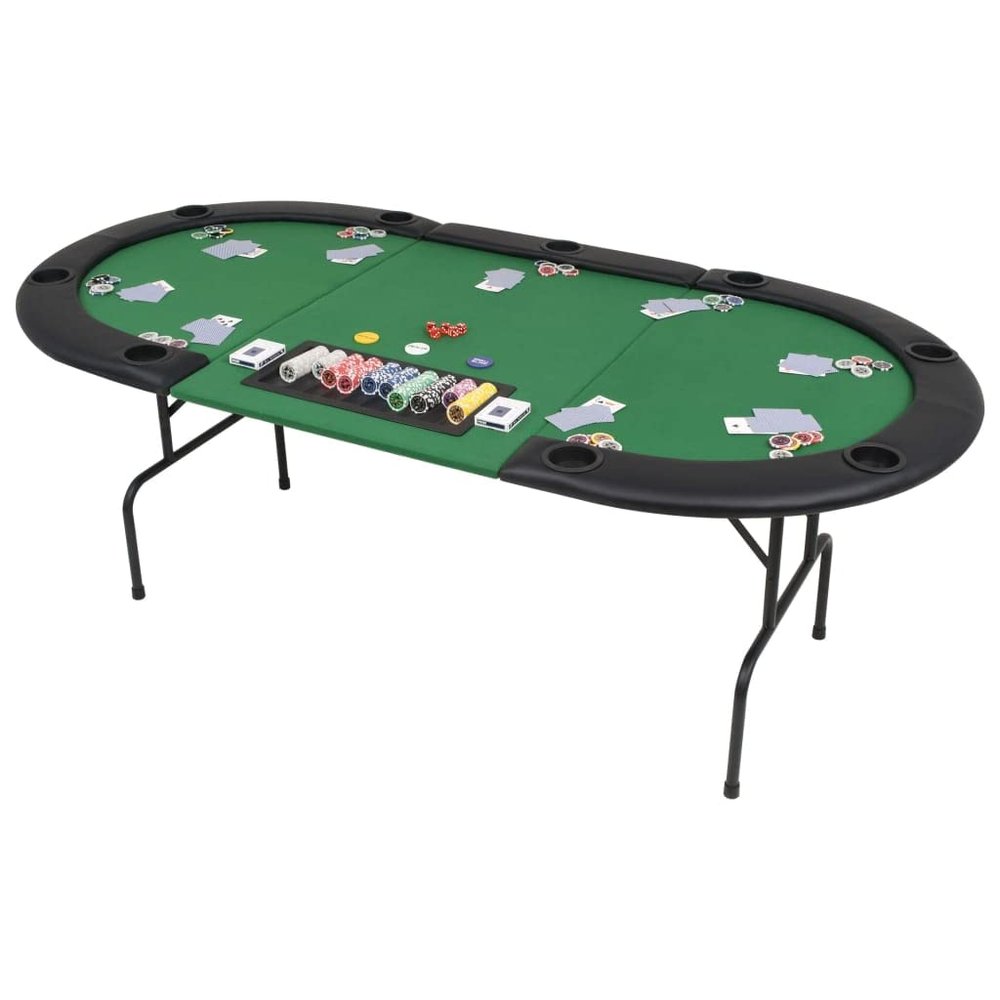Folding Poker Table 9 Player Oval Green with 9 Cup Holders and Dealer Tray, MDF Tabletop with Polyester Upholstery and Padded Artificial Leather Rim, Easy Assembly