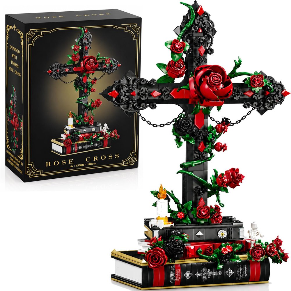 modopia Gothic Cross & Roses Flower Bouquet Building Set, Botanical Skull Skeleton Pot Building Kit, Home Office Table Decoration, Valentine's Day Christmas for Women Adults (1334 PCS)