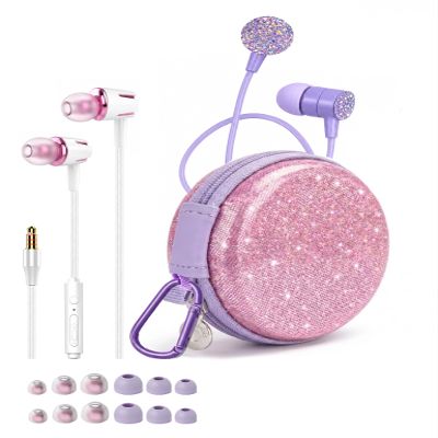 2-Pack Teens Wired Earbuds Set with Glitter Case, School Headphones