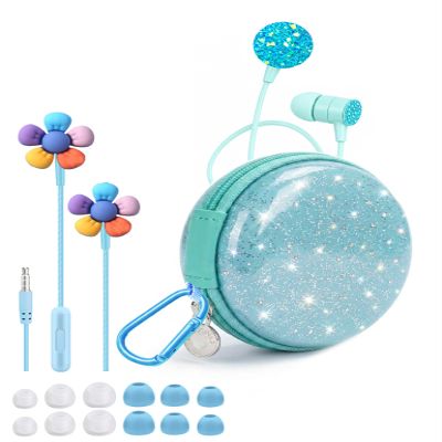 2-Pack Teens Wired Earbuds with Glitter Skyblue Case, School Headphones