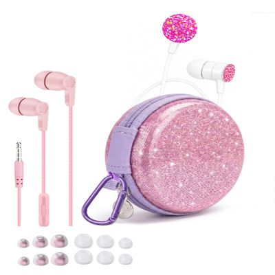 2-Pack Teens Wired Earbuds with Glitter Pink Case, School Headphones