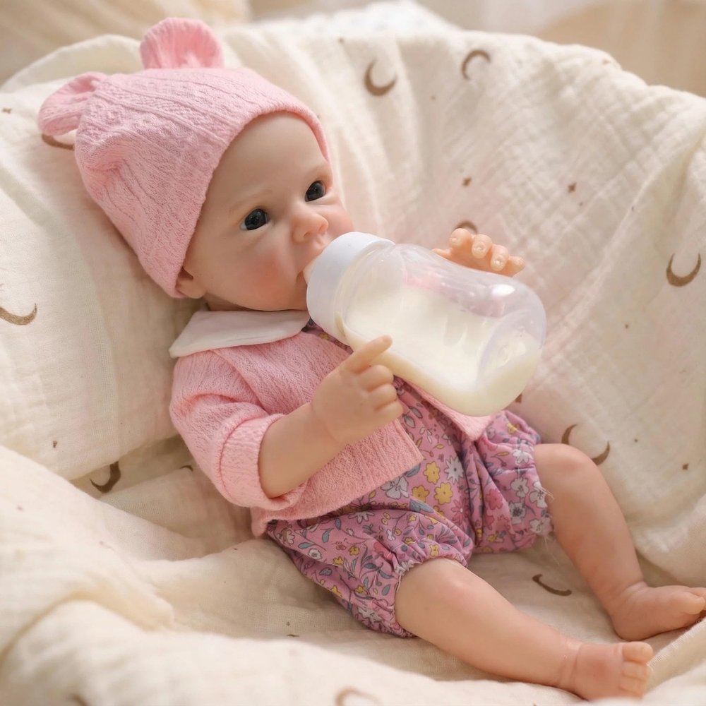 Vivetha 12 Inch Solid Silicone Baby Doll, Squishy Realistic Reborn Baby Dolls Newborn Girl, Lifelike Washable Preemie Toy with Blue Eyes and Bear Hat for Pacifier Feeding Play
