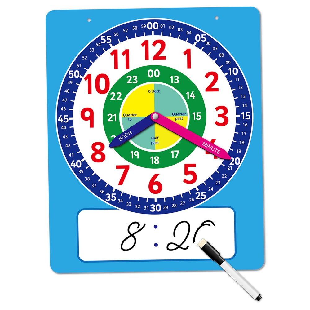 Tapallmy Learning Clock Teaching Clocks for Kids with Movable Hands Write & Wipe Practice Clock to Learn Time for Kids with Writing Pen Blue